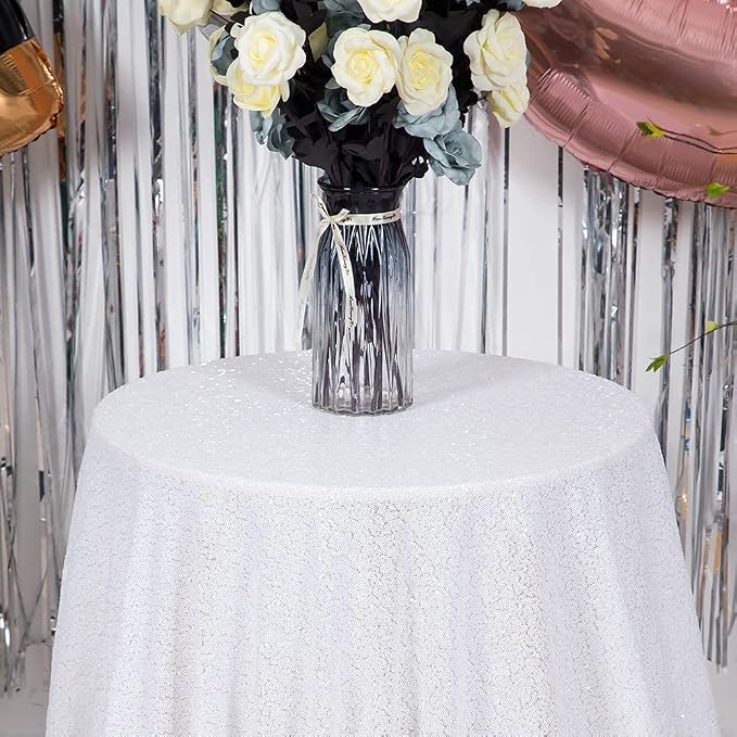 White Glitter Tablecloth 132'' Tablecloth Round Sequin Table Cloth Party Tablecloth Outdoor Table Cover Sequin Table Cloths for Birthy Wedding Party Decorations