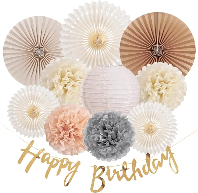 EASY JOY Champagne Beige Paper Flowers Tissue Pom Poms Boho Birthday Decorations Paper Lanterns Party Decorations Happy Birthday Banner White Paper Fans for Boho Fall Rustic Neutral Baby Shower