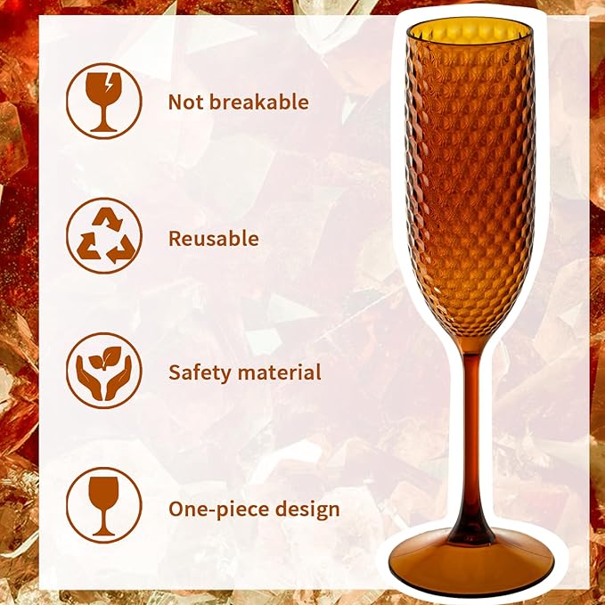 24 Pack Amber Plastic Champagne Flutes Mimosa Unbreakable Champagne Glasses Wedding Toasting Glasses 5.5 OZ Reusable Diamond Glasses Wine Cups Vintage Drinking Glasses for Wedding,Christmas,Party