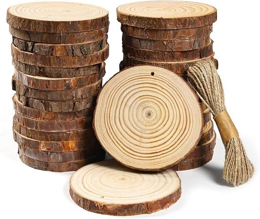 50 Pack Natural Wood Slices 3.5-4 Inches, Unfinished Wood Circles with Bark Edge, Pre-Drilled Holes & Rope, Rustic Wood Rounds for Crafts, Coasters, Centerpieces & Home Decor