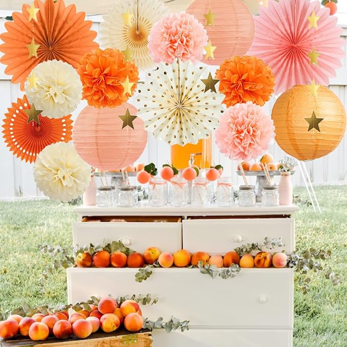Beige Orange Peach Fall Party Decorations Boho Orange Peach Birthday Decorations Paper Fans Lanterns Peach and Cream Party Decorations for Autumn Baby Shower Bridal Shower Wedding Engagement Party