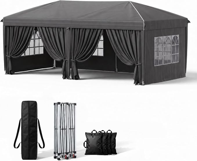 10x20 FT Portable Pop Up Canopy Tent, Adjustable Height Instant Gazebo with Sidewalls, Sandbags,Outdoor Canopy for Camping, Parties, Vendor Events (Grey with Reflective Strip, 3m × 6m with sidewalls)