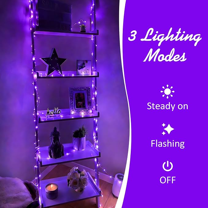 QITONG Purple Fairy Lights Battery Operated, 8 Pack Each 16ft 50 LED Outdoor String Lights, Silver Wire Mini Twinkle Light Indoor