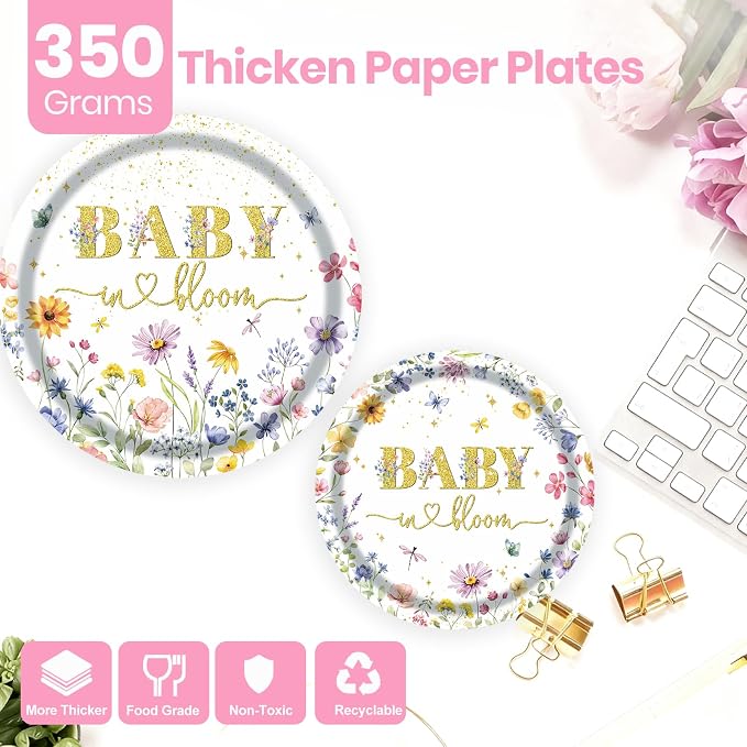 Wildflower Baby shower Plates and Napkins Party Supplies - 175PCS Spring Floral Baby in Bloom Paper Plates BabyShower Birthday Decorations Disposable Tableware Sets for Spring Summer, Serve 25 Guests