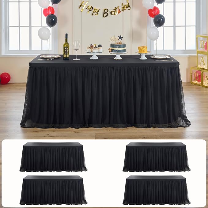 leegleri 4 pk 6ft Black Tulle Tablecloth for Rectangle Tables, 2-in-1 Table Covers with Tulle Skirt,Wrinkle Free Stretchy Ruffle Tulle Table Cloths Fitted for Wedding Party Banquet Vendor