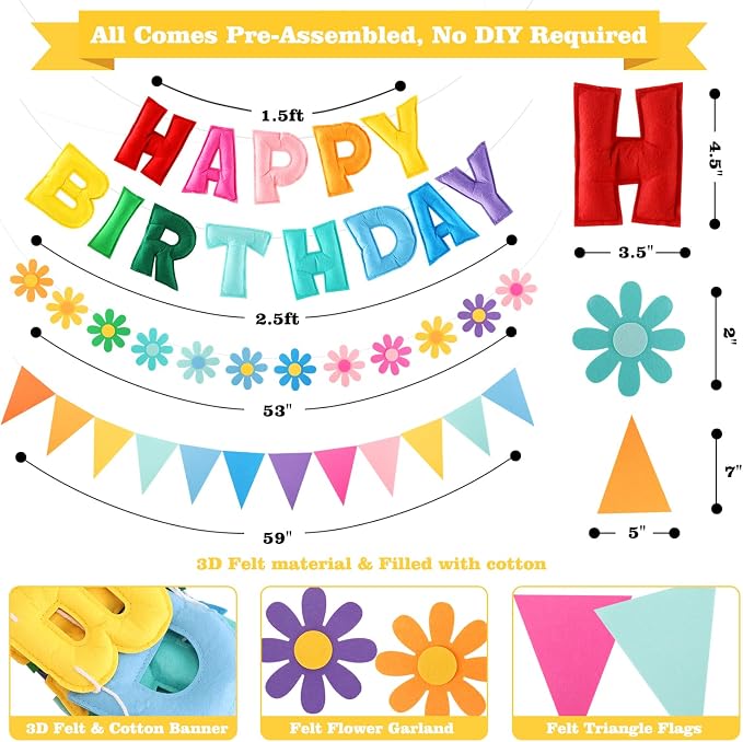 YEOCU Happy Birthday Decorations, No DIY, Pre-Strung 3D Banner | Rainbow, 3D felt banner, flower garland & flags. No DIY, reusable for kids & women.