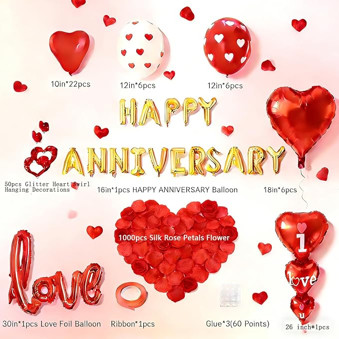 Happy Anniversary Decorations - Romantic Decor for Wedding, Valentines Day Heart Balloons for Bedroom, Party Decor Supplies