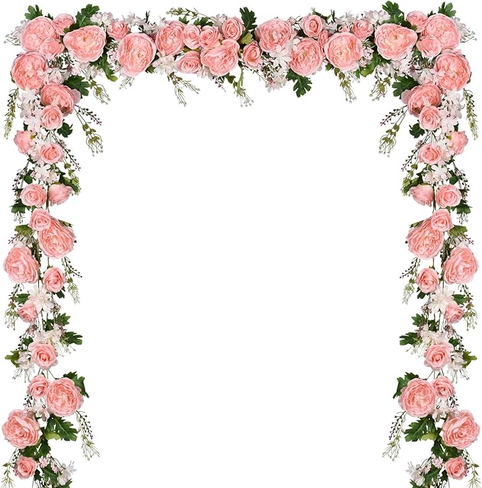 Lvydec 2 Pack Artificial Peony Flower Garland - 6ft Silk Peony Pink Flower Garland for Wedding Party Table Decoration (2, Pink)