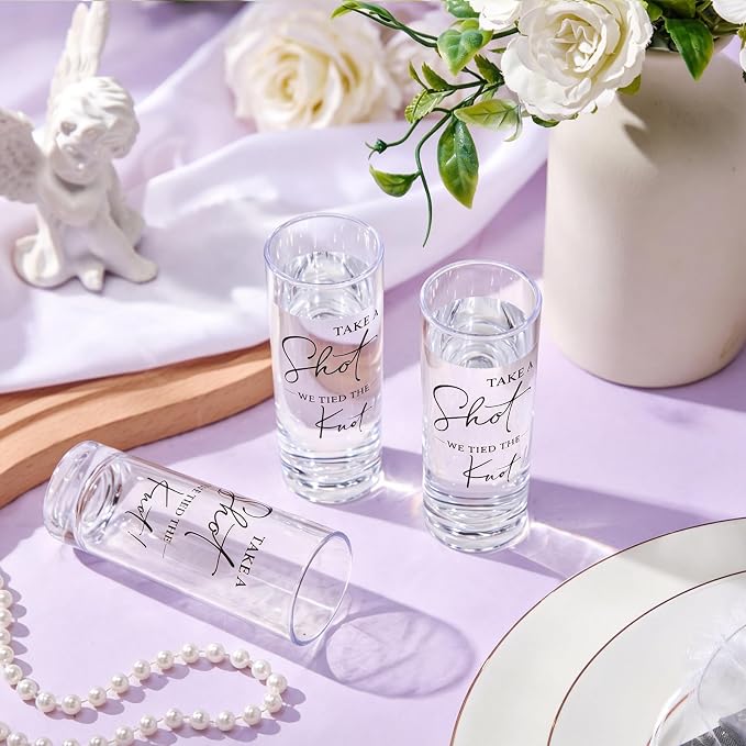 Sliner 50 Set Wedding Favors for Guests Bulk 2oz Acrylic Take a Shot We Tied the Knot Shot Glasses with Thank You Cards Organza Bags for Guest Souvenir Wedding Bridal Shower Gifts (Clear,Black)