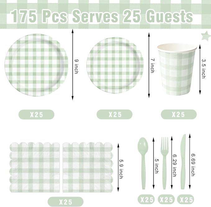 LINHAXM 175 Pcs Sage Green Gingham Party Supplies, Green Gingham Paper Plates, Cups, Napkins, Cutlery for Wedding Bridal Showe Birthday Baby Shower Party Decorations, Serves 25