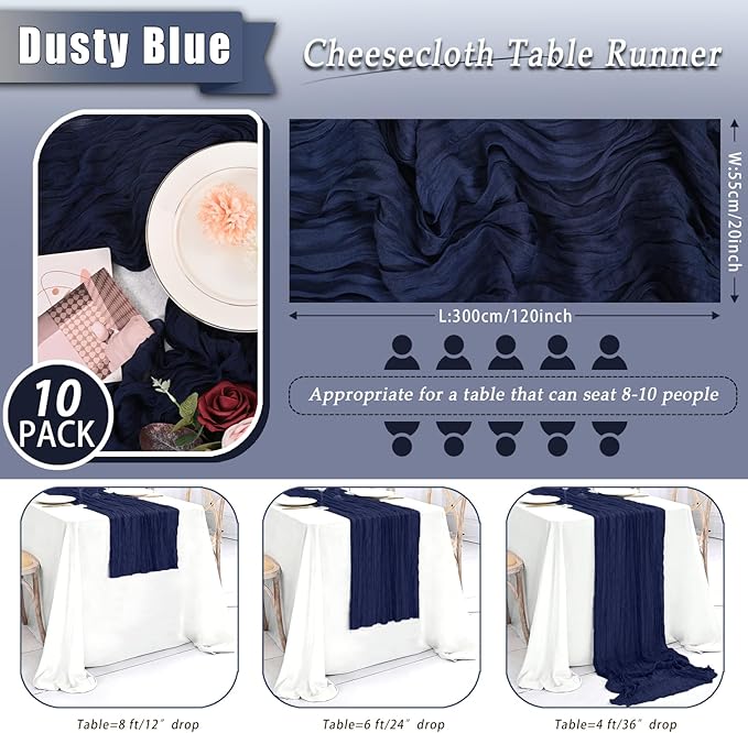 10 Pack Navy Blue Cheesecloth Table Runner 17x108 Inch Semi Sheer Boho Rustic Gauze Cheese Cloth Table Runners for Wedding Party Birthday Baby Shower Home Décor