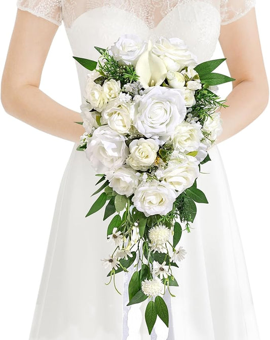 Wedding Bouquets for Bride, White Cascading Bridal Bouquet Artificial Flowers，9.8 Inch Bride Bouquets for Wedding Decoration, Boho Ceremony,Church, Anniversary Decor