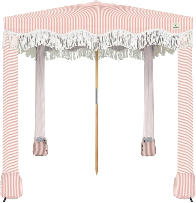 AMMSUN Beach Cabana with Fringe, 7' x 7' Boho Beach Canopy with Tassels, Easy Set up & Premium Wood Pole, Cabana Tent with Sand Pockets, Instant Sun Shade for Sand, Garden, Patio, Pink Stripes