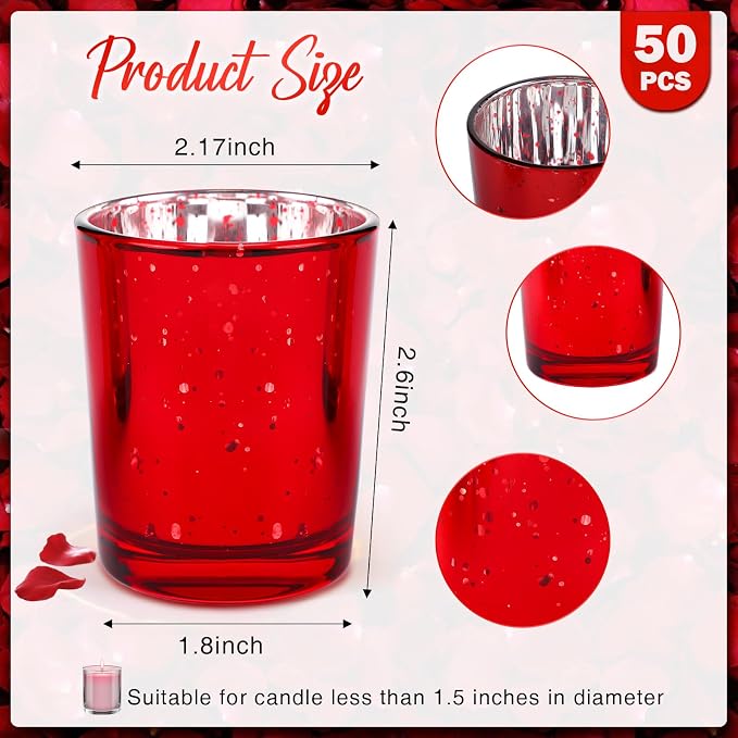 50 Pcs Votive Candle Holders Bulk Glass Votive Candle Holder Tealight Candle Holder Wedding Centerpiece for Table Home Birthday Anniversary Bridal Shower Party Decoration Reception (Red)