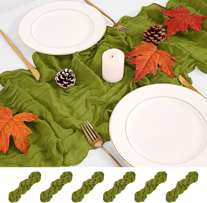 6 Pack Olive Green Cheesecloth Table Runner,Long Romantic Semi Sheer Rustic Boho Gauze Table Runners for Wedding Bridal Shower Birthday Party Decorations(17.7×108 Inch)