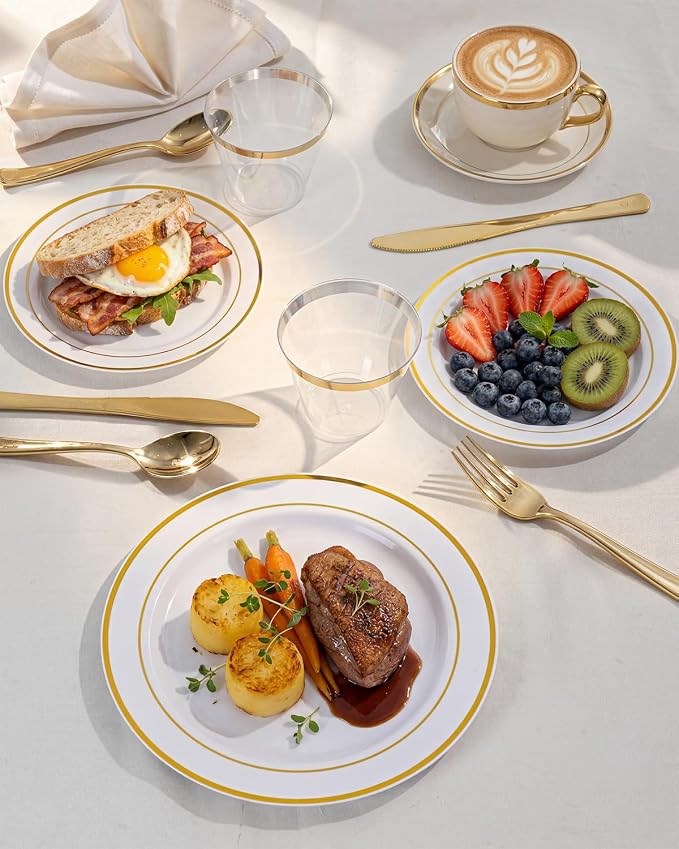 bUCLA 600Pcs White and Gold Plastic Plates - Gold Disposable Dinnerware Set for 100 Guests Include 100 Dinner & 100 Dessert Plates, 100 Cups, 100 Forks, 100 Spoons, 100 Knives for Party