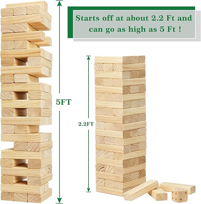 Olsa Giant Tumble Tower, Toppling Timber Game with Carrying Bag-60 PCS Wooden Block Stacking Game for Adults Family (2.2 Ft to 5 Ft)