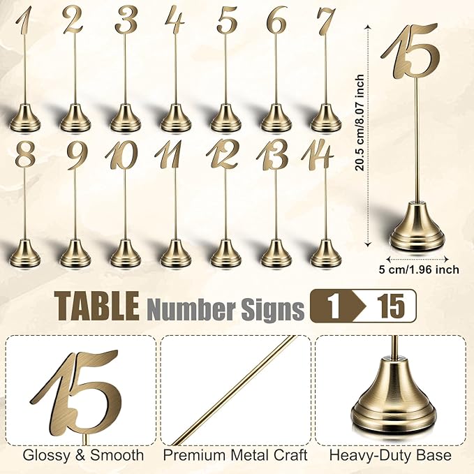 Maitys 15 Pcs Metal Table Numbers 1-15 with Weighted Base 8 Inch Table Number Stands for Wedding Reception, Party, Anniversary, Birthday Banquet(Bronze)