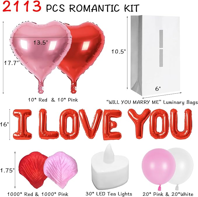 Will You Marry Me Light Up Letters Proposal Decorations,Glowing Luminary Letter Bags with LED Tea Lights, Rose Petals,Heart Balloons for Proposal,Engagement Party,Valentine’s Day,Romantic Night