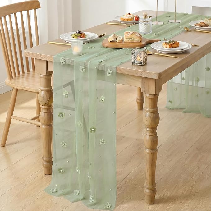 Artoid Mode Sage Green Flower Pearl Green Gauze Table Runner 10FT, Seasonal Sheer Dining Holiday Wedding Birthday Baby Shower Table Decor for Home Party