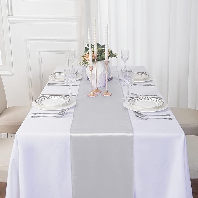24Pack Table Runner 12 x 108 Inches Satin Silk Table Runner for Wedding, Birthday Party, Banquets, Graduations Decoration, fit Rectange and Round Table-Silver