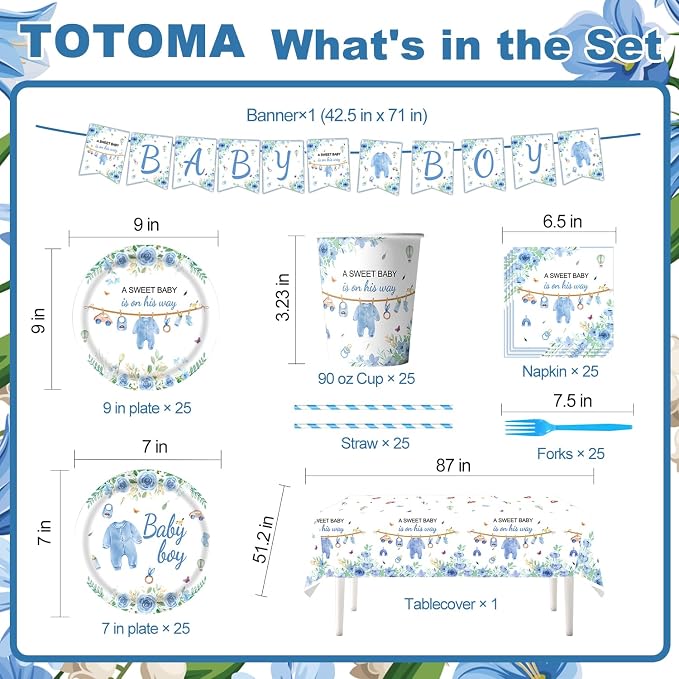 162 Pcs Baby Shower Decorations for Boy Serve 25 Guest - Blue Theme All-in-One Party Supplies Kit with Plates, Cups, Napkins, Forks, Straws, Banner, Tablecloth for Baby Shower Decor
