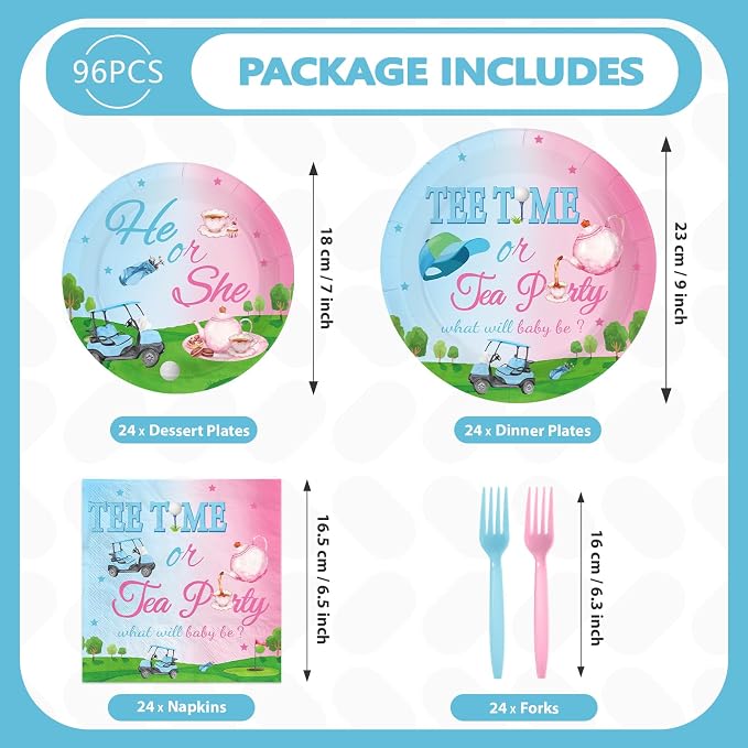 96 Pcs Golf Gender Reveal Decorations Blue Or Pink Golf Gender Reveal Plates and Napkins Tee Time He Or She Tableware Set for Boys Girls Baby Shower Birthday Party Supplies Serves 24