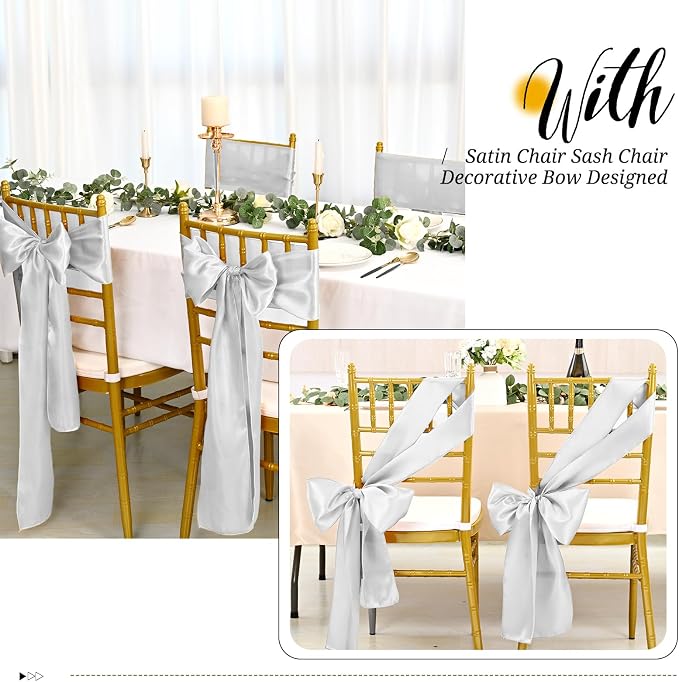 Pesonlook 60 PCS Silver Satin Chair Sashes Bows Satin Chair Sashes Universal Chair Cover for Wedding Reception Restaurant Event Decoration Banquet,Party,Hotel Event Decorations (7 x 108 inch)