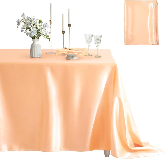 1 Pack Satin Table Cover Rectangle Silkly Soft Table Cloth, Satin Dining Table Cloths for Wedding Banquet Table Decoration, Dining Room, Indoor and Outdoor Use, 60 x 120 Inches, Peach