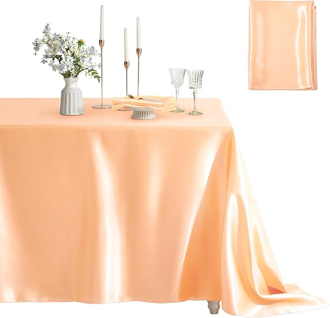 6 Pack Satin Table Cover Rectangle Silkly Soft Table Cloth, Satin Dining Table Cloths for Wedding Banquet Table Decoration, Dining Room, Indoor and Outdoor Use, 60 x 102 Inches, Peach