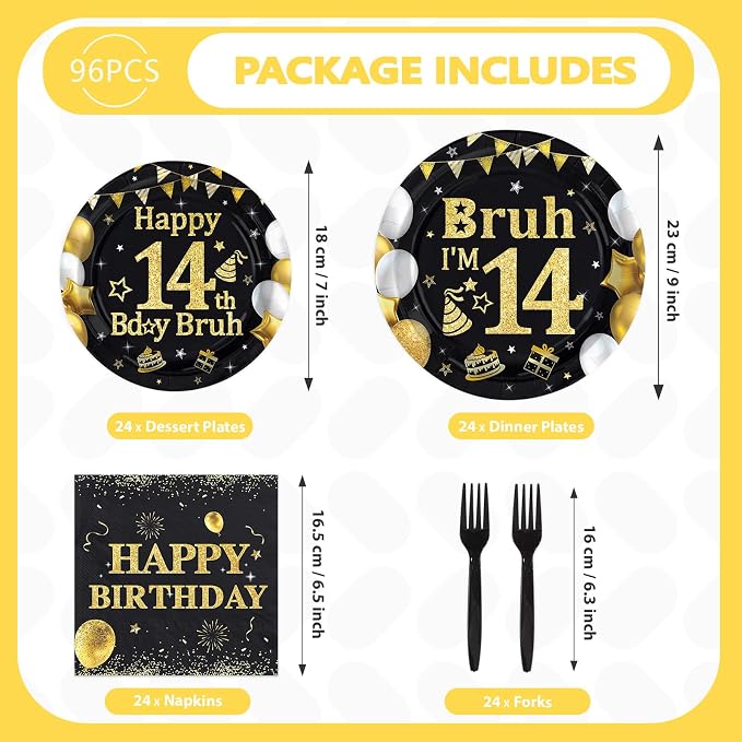 96 Pcs Bruh 14th Birthday Party Decorations Black Gold Bruh I’m 14 Plates and Napkins It's My 14th Birthday Tableware Set for Teen Boys and Girls 14 Years Old Party Supplies, Serves 24