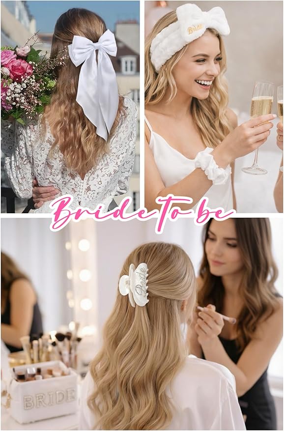WOVOWOVO Bridal Shower Gifts for Bride To Be: Bachelorette Party Accessories Wedding Gifts - Bride Sash, Makeup Bag, Hair Clip, White Hair Bow, Sunglasses and Facial Headband