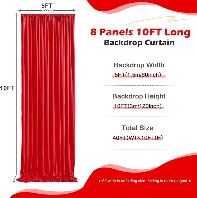 40ft x 10ft Wrinkle Free Red Backdrop Curtain for Parties, 8 Panels 5×10ft Silky Polyester Red Photo Backdrop Drapes Back Drop Cloth for Birthday Theme Party Wedding Photography Background
