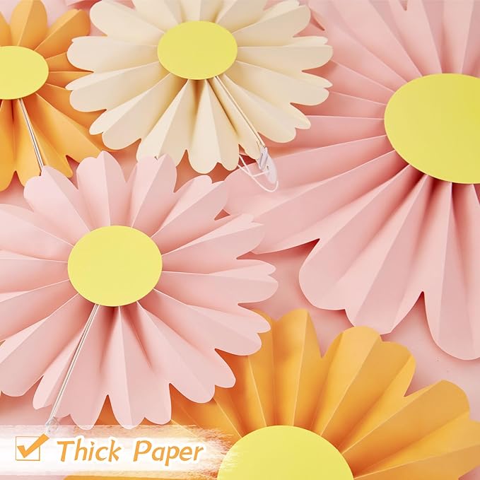 SUNBEAUTY 10 Pcs Daisy Paper Flowers Decorations Pink and Orange Flower Party Decorations Paper Fans Decor Hanging Paper Fans for Birthday Wedding Baby Shower Spring Garden Party Bulletin Board