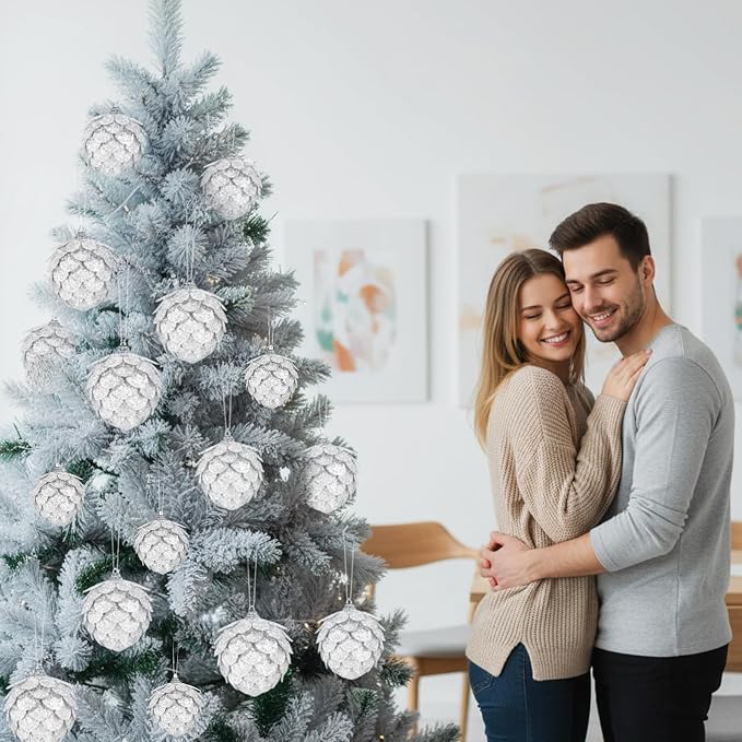 Sratte 8 Pcs Valentine Ball Ornaments Artificial Pinecone Hanging Ornaments Glitter Winter Faux Flower for Xmas Decor, 3.15/2.36 Inch(Silver)