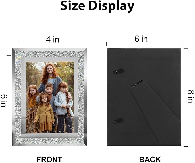 HIKWADERY 4x6 Picture Frames Silver - Set of 4, Sparkle Real Glass 4 by 6 Photo Frame Mirrored Edge Great Gift, for Tabletop Display, Wedding Birthday Mothers Day Gifts (4 x 6, Glitter Silver)