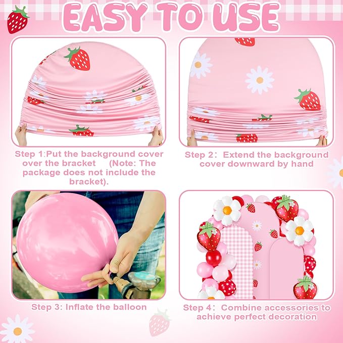 Foilswirl 34 Pieces Strawberry Birthday Party Decorations 4ft 5ft 6ft Arch Backdrop Covers Pink White Checkered Spandex Arch Backdrop Cover Daisies Balloon for Strawberry Sweet Birthday Wedding Party