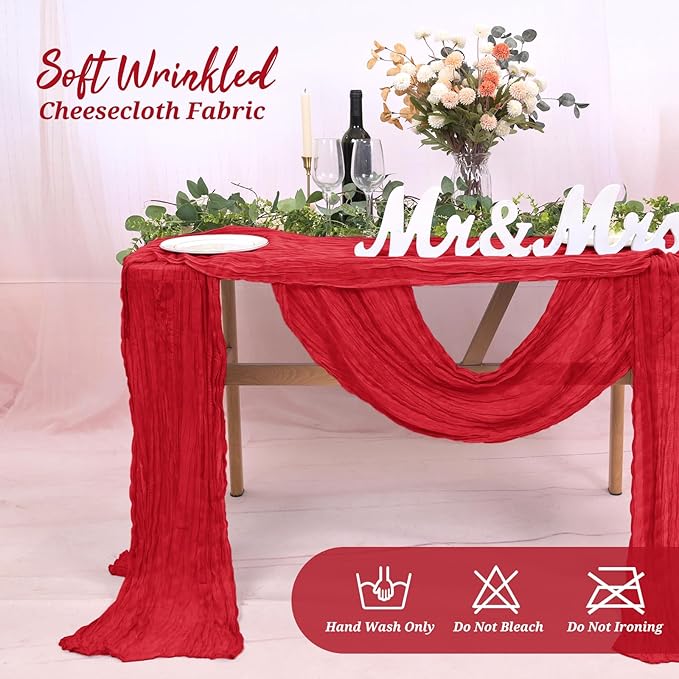 20 Pack Cheesecloth Table Runner Red, Rustic Boho Gauze Fabric Table Runner Romantic Table Runner for Wedding, Festival, Birthday, Anniversary, Dinner and Outdoor Events (17.7 x 108 inch)