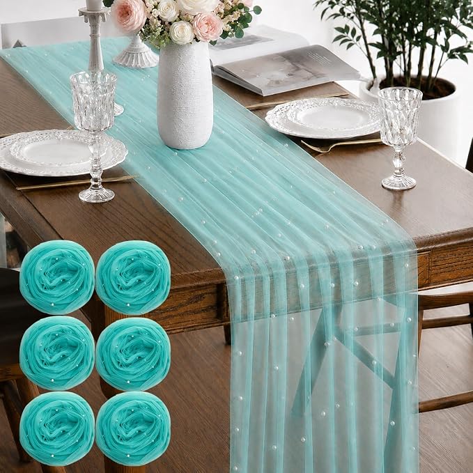 Pearl Turquoise Gauze Pearl Table Runner 120 Inch 10FT, Seasonal Sheer Dining Holiday Wedding Birthday Baby Shower Tulle Summer Table Decor for Home Party