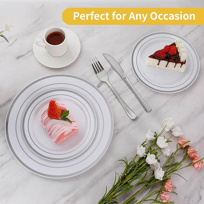Goodluck 200PCS Silver Plastic Plates,Heavy Duty Disposable Silver Plates with 100 10.25 inch Dinner Plates and 100 7.5 inch Dessert Plates, Disposable Plates for Party, Holiday, Wedding