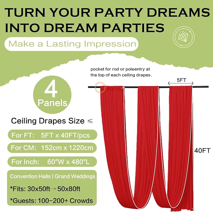 20ftx40ft Red Ceiling Curtain for Wedding Parties – 4 Panels Wrinkle-Free 40 FT Long Tent Draping Curtains for Wedding, Birthday & Theme Parties, 40ft Height with Rod Pocket