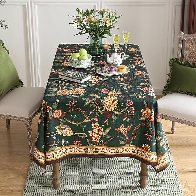 ISAENNE Designer Linen Green Rectangular Tablecloth,87"x55"-Mitchell | Vintage Elegant Table Cloth Rectangle Table,Floral and Bird Pattern,Heavy,Dining Room,Kitchen,Tea Party,Thanksgiving,Decor