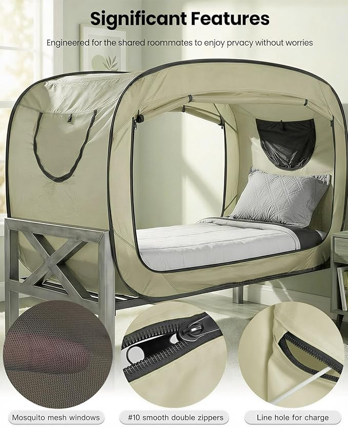 ANC POP Bed Tent Twin Bed Canopy Portable Dream Tent for Adult Indoor Sleeping Tents with 2 Doors Breathable Private Space Tents, Pale Yellow
