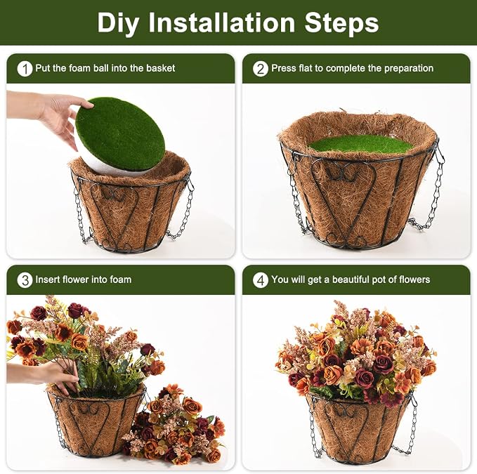 Homsunny Artificial Fall Hanging Flowers for Outdoor Decoration,Fake Silk Rose Flower Arrangement,Faux Plant with Flower Baskets Pot for Home Patio Lawn Garden Porch Decor(Bucket Basket)