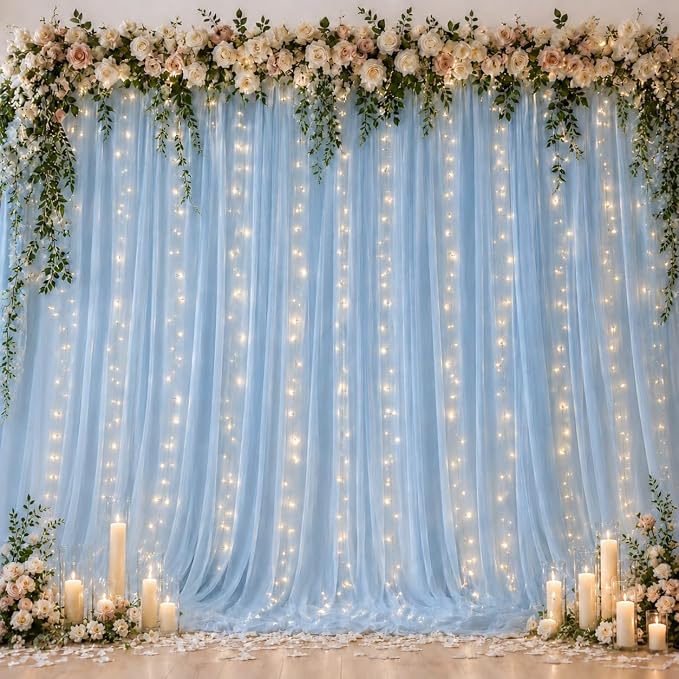 Ledido 4 Pack 10×8ft Blue Tulle Backdrop Curtains with Lights String - 1200LED Fairy Lights Sheer Curtain Backdrop for Wedding Baby Shower Photo Shoot Birthday Party Decoration(8 Panels 5×8ft)，Blue