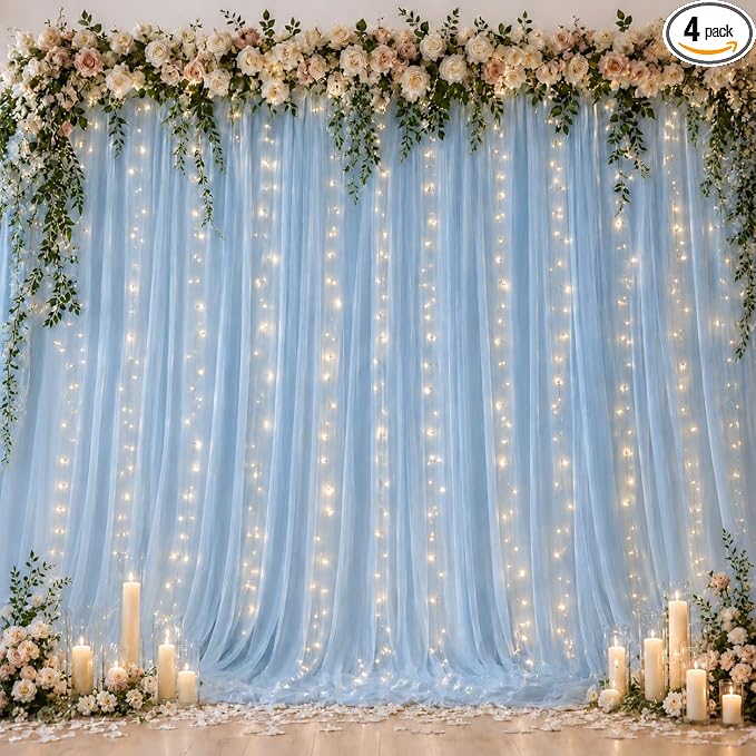 Ledido 2 Pack 10×8ft Blue Tulle Backdrop Curtains with Lights String - 600LED Fairy Lights Sheer Curtain Backdrop for Wedding Baby Shower Photo Shoot Birthday Party Decoration(4 Panels 5×8ft)，Blue