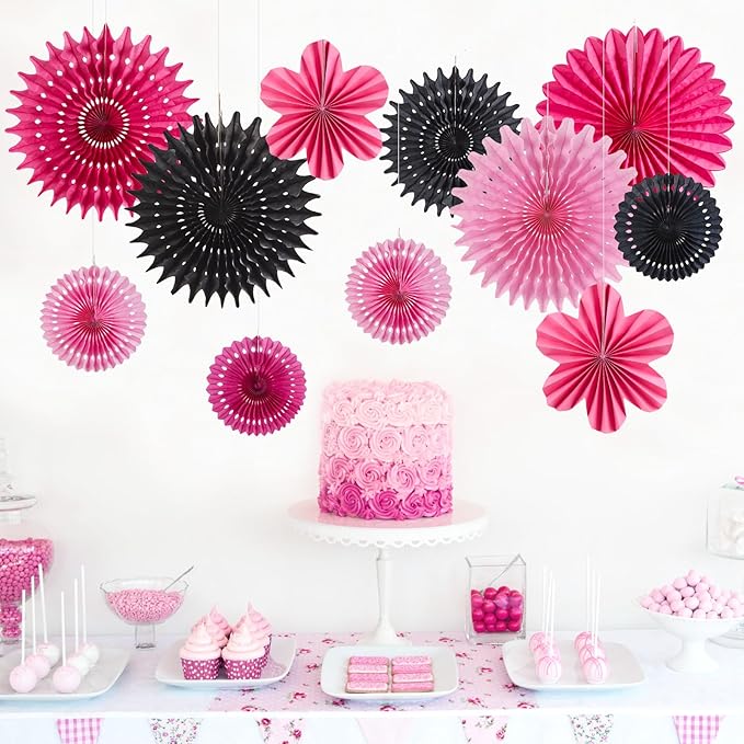 11PCS Hanging Paper Fans Decorations Pink Black Birthday Party Decorations for Girls Sweet 16 18 21st Birthday Bridal Shower Wedding Bachelorette Galentine's Party Decor Supplies