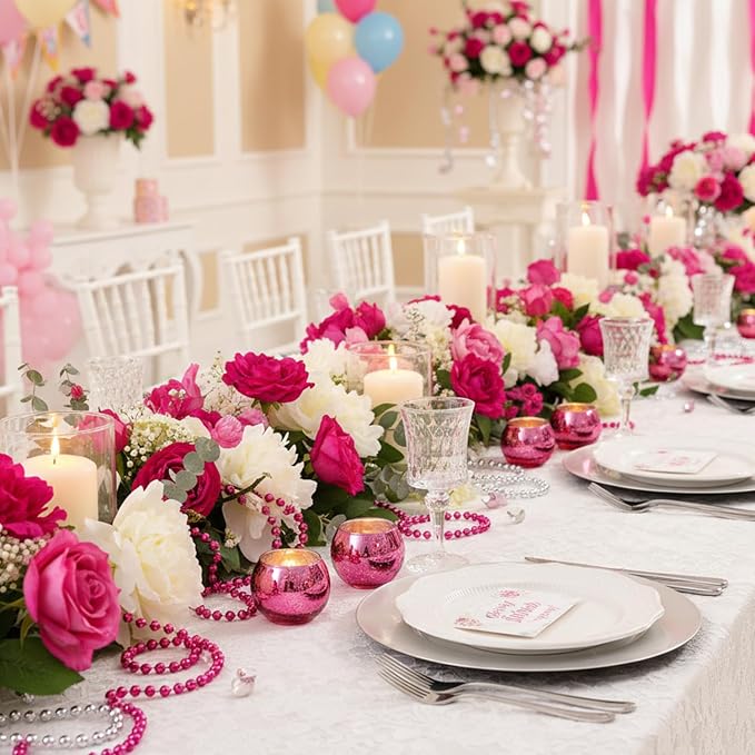 12 Pcs Hot Pink Candle Holders for Barbie Birthday Party Decorations- Summer Bridal Shower Decorations, Votive Candle Holders for Wedding, Pink Candle Centerpieces for Disco, Cowgirl Party