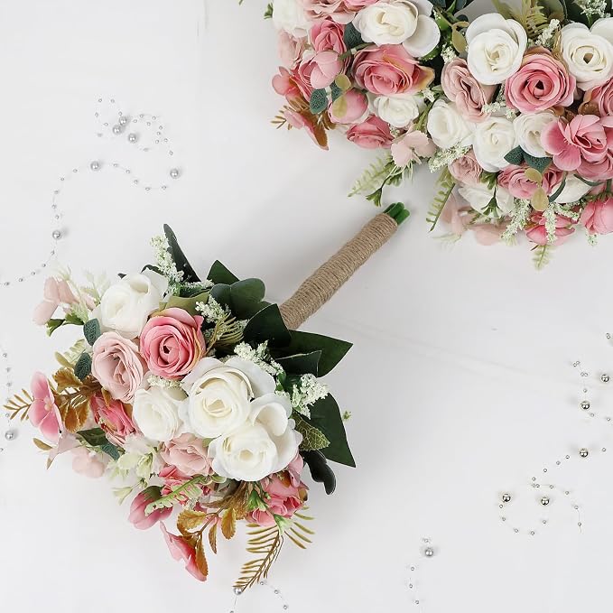 Set of 2 Bridesmaid Bouquets for Wedding - 7 Inch Artificial Ivory Flower Bouquet for Party Ceremony Anniversary Dinning Table Centerpieces Decor - Dusty Pink & White