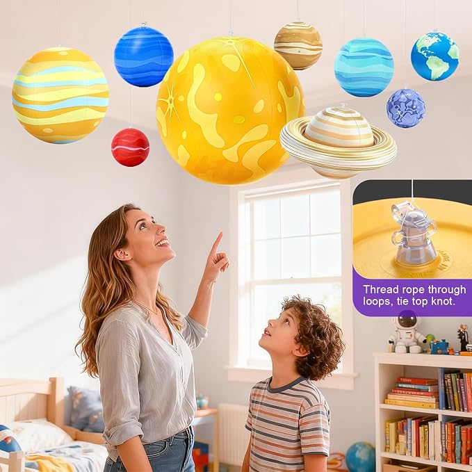 Inflatable Solar System Planets for Kids – 9 Giant Hanging Solar System Model Planets Hanging from Ceiling Classroom Space Theme Party Decorations, Astronomy Gifts for Ages 5-7, 6-8, 8-12